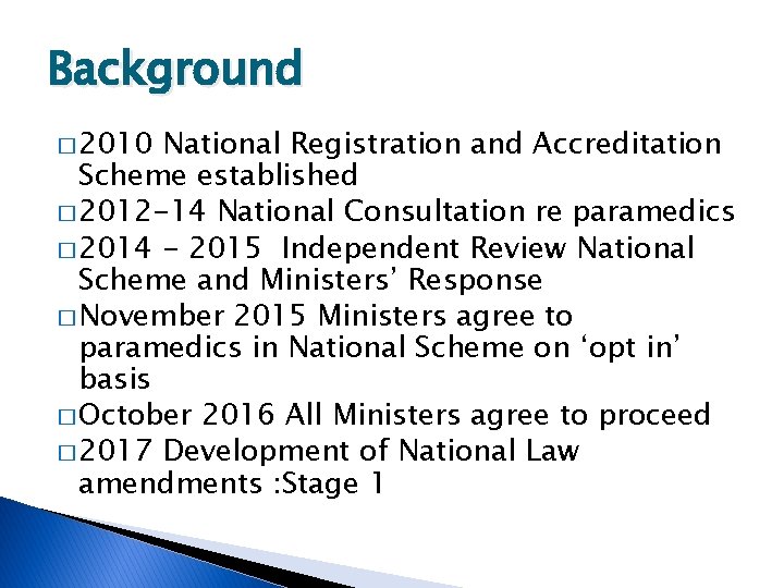 Background � 2010 National Registration and Accreditation Scheme established � 2012 -14 National Consultation