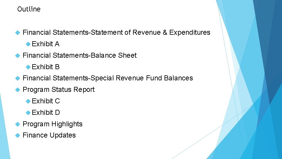 Outline Financial Statements-Statement of Revenue & Expenditures Exhibit A Financial Statements-Balance Sheet Exhibit B