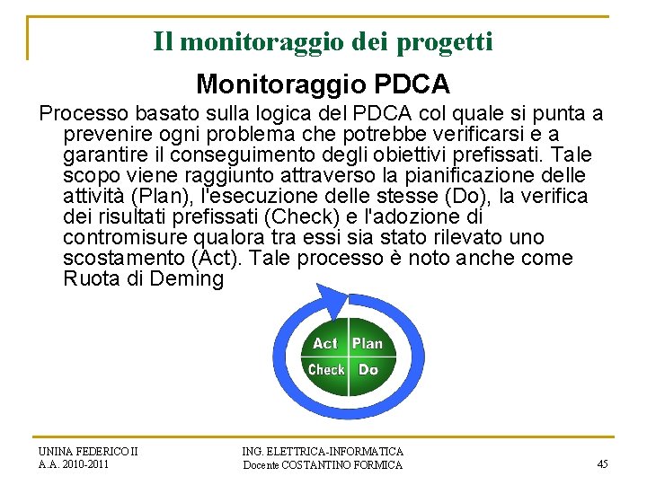 Il monitoraggio dei progetti Monitoraggio PDCA Processo basato sulla logica del PDCA col quale