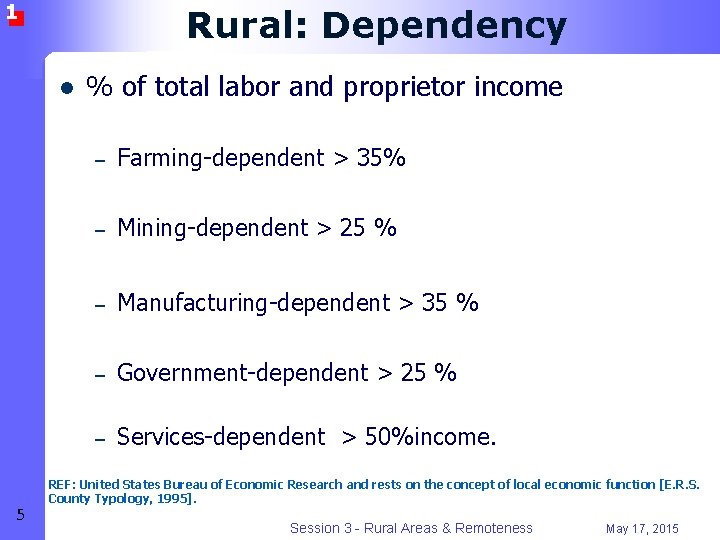 1 Rural: Dependency l 5 % of total labor and proprietor income – Farming-dependent