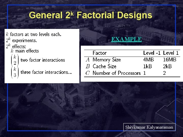 General 2 k Factorial Designs EXAMPLE Shivkumar Kalyanaraman Rensselaer Polytechnic Institute 22 