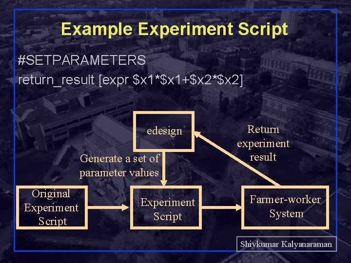 Example Experiment Script #SETPARAMETERS return_result [expr $x 1*$x 1+$x 2*$x 2] edesign Generate a