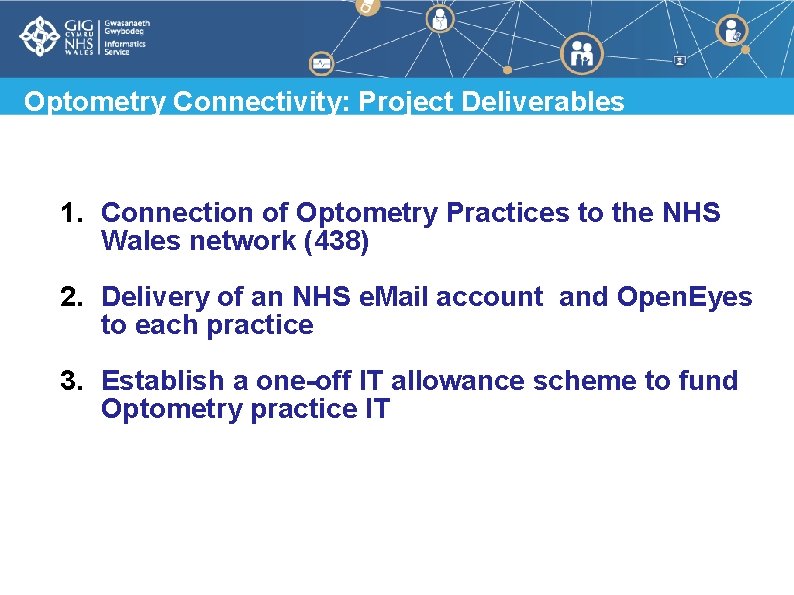 Optometry Connectivity: Project Deliverables 1. Connection of Optometry Practices to the NHS Wales network