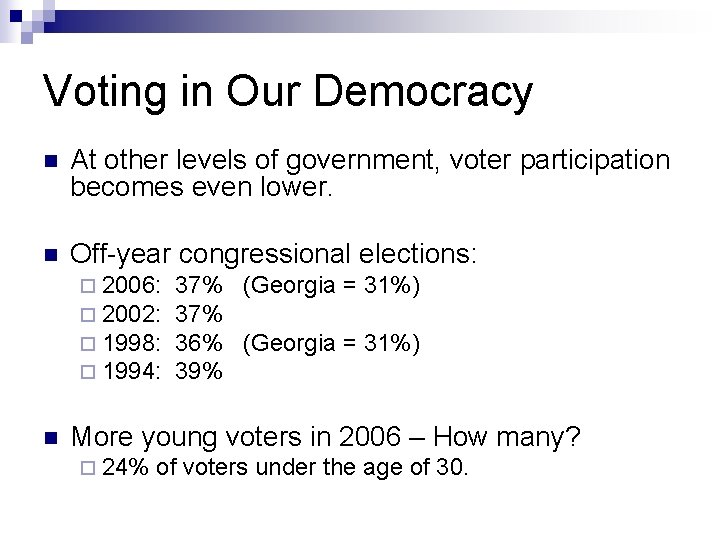 Voting in Our Democracy n At other levels of government, voter participation becomes even