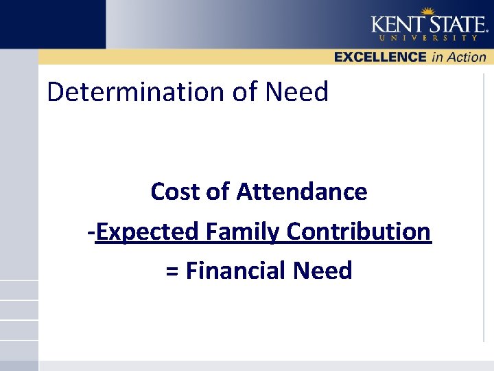 Determination of Need Cost of Attendance -Expected Family Contribution = Financial Need 