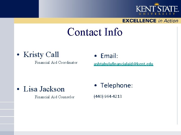 Contact Info • Kristy Call Financial Aid Coordinator • Lisa Jackson Financial Aid Counselor
