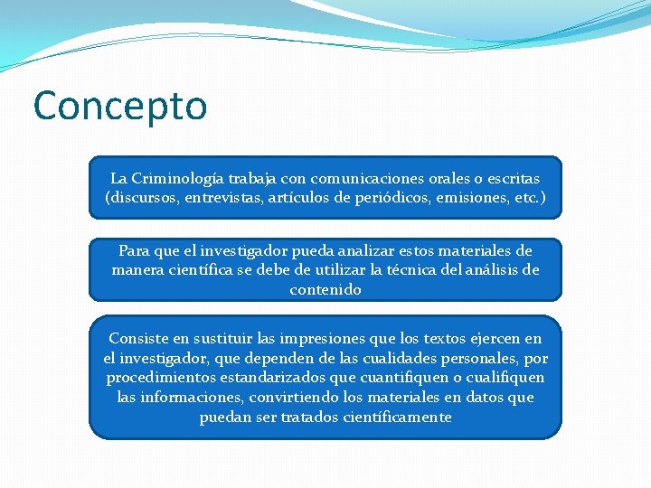 Concepto La Criminología trabaja con comunicaciones orales o escritas (discursos, entrevistas, artículos de periódicos,