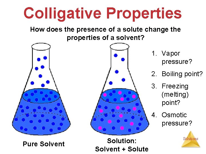 Colligative Properties How does the presence of a solute change the properties of a