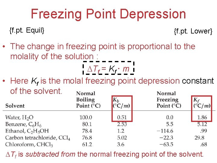 Freezing Point Depression {f. pt. Equil} {f. pt. Lower} • The change in freezing