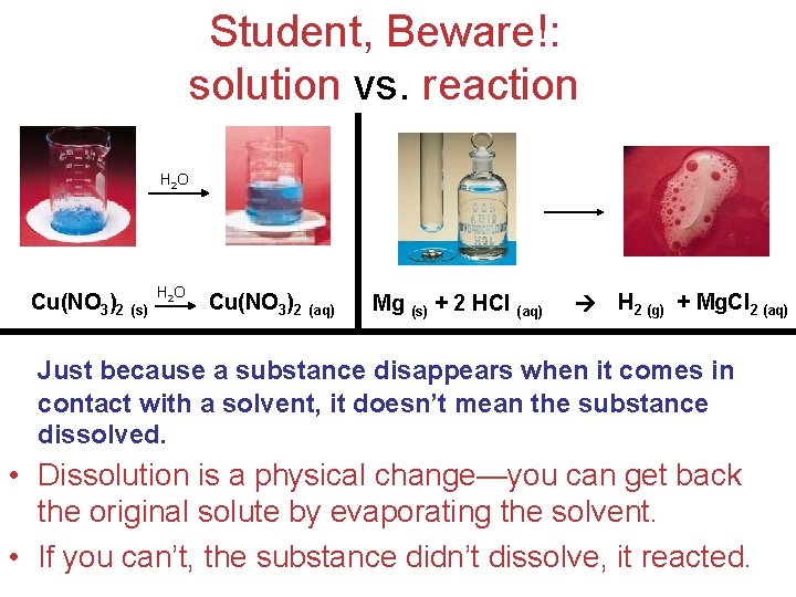 Student, Beware!: solution vs. reaction H 2 O Cu(NO 3)2 (s) H 2 O