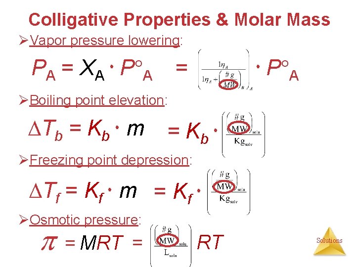 Colligative Properties & Molar Mass ØVapor pressure lowering: PA = XA P A =
