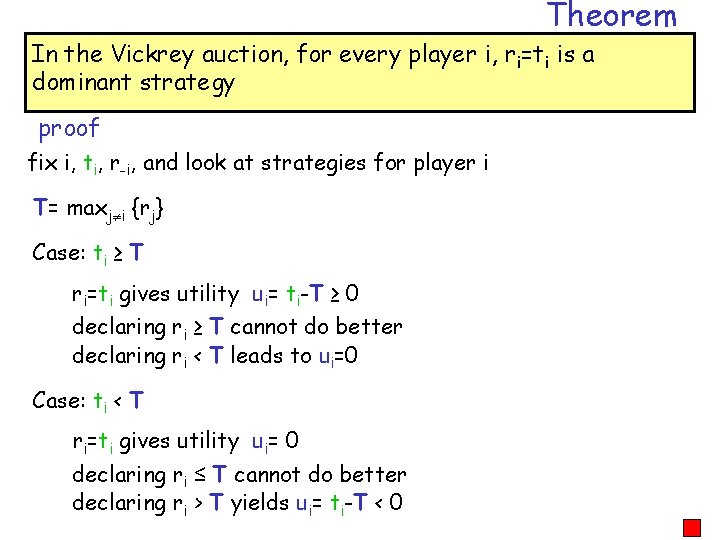 Theorem In the Vickrey auction, for every player i, ri=ti is a dominant strategy