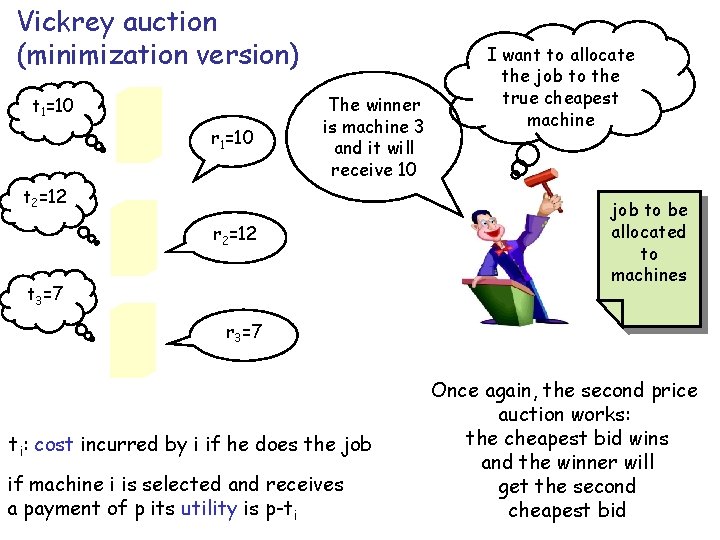 Vickrey auction (minimization version) t 1=10 r 1=10 The winner is machine 3 and