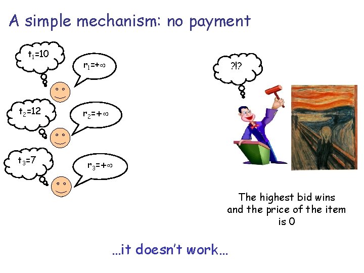 A simple mechanism: no payment t 1=10 t 2=12 t 3=7 r 1=+ ?