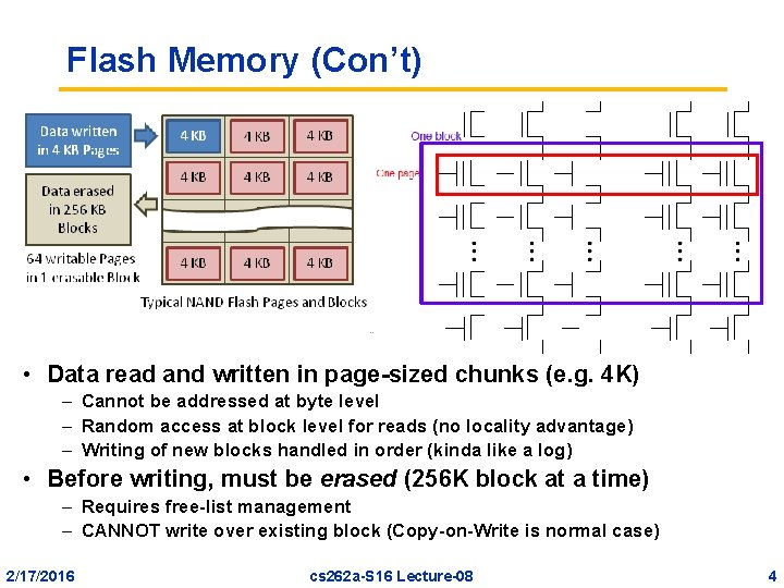 Flash Memory (Con’t) • Data read and written in page-sized chunks (e. g. 4