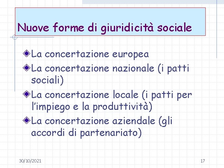 Nuove forme di giuridicità sociale La concertazione europea La concertazione nazionale (i patti sociali)