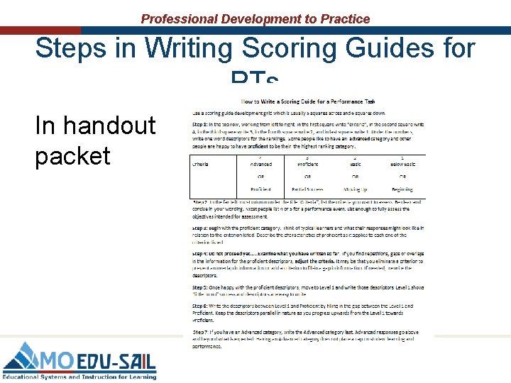 Professional Development to Practice Steps in Writing Scoring Guides for PTs In handout packet