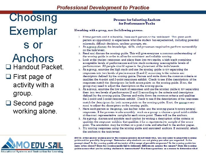 Professional Development to Practice Choosing Exemplar s or Anchors q Handout Packet. q First