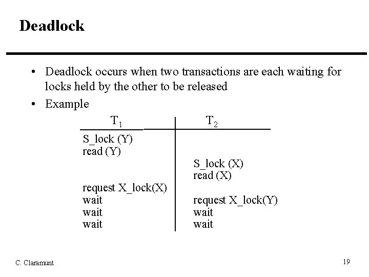 Deadlock • Deadlock occurs when two transactions are each waiting for locks held by