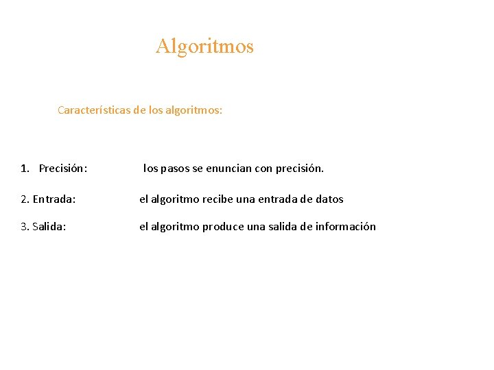 Algoritmos Características de los algoritmos: 1. Precisión: los pasos se enuncian con precisión. 2.