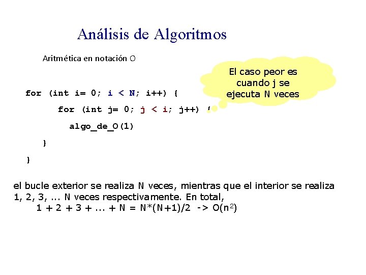 Análisis de Algoritmos Aritmética en notación O for (int i= 0; i < N;