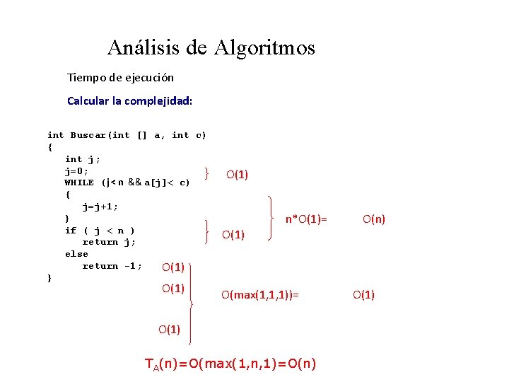 Análisis de Algoritmos Tiempo de ejecución Calcular la complejidad: int Buscar(int [] a, int