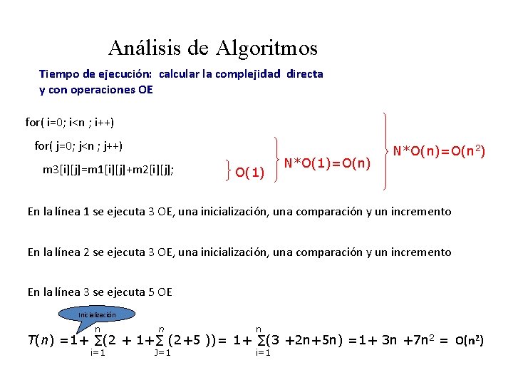Análisis de Algoritmos Tiempo de ejecución: calcular la complejidad directa y con operaciones OE