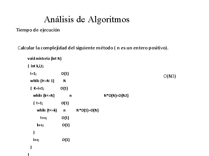 Análisis de Algoritmos Tiempo de ejecución Calcular la complejidad del siguiente método ( n