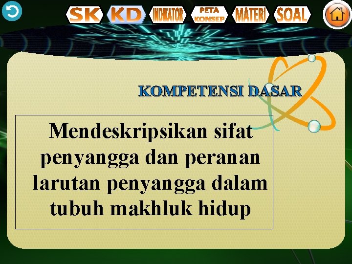 KOMPETENSI DASAR Mendeskripsikan sifat penyangga dan peranan larutan penyangga dalam tubuh makhluk hidup 