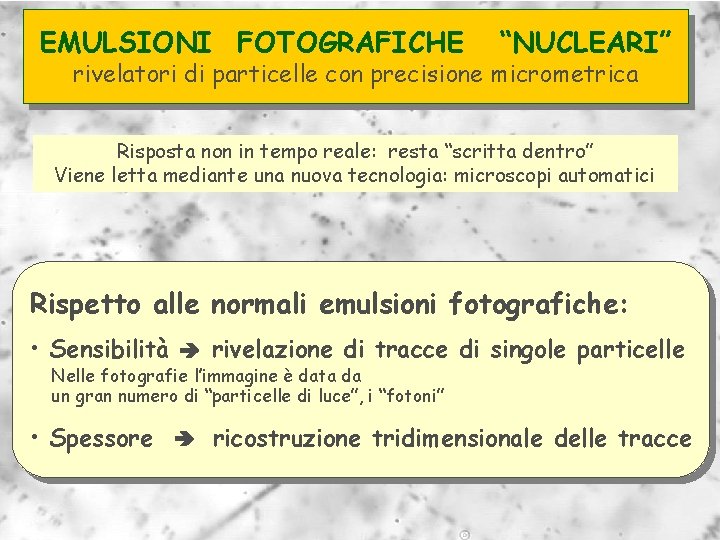 EMULSIONI FOTOGRAFICHE “NUCLEARI” rivelatori di particelle con precisione micrometrica Risposta non in tempo reale: