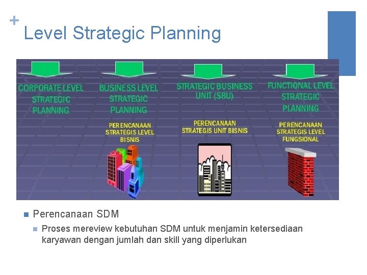 + Level Strategic Planning n Perencanaan SDM n Proses mereview kebutuhan SDM untuk menjamin