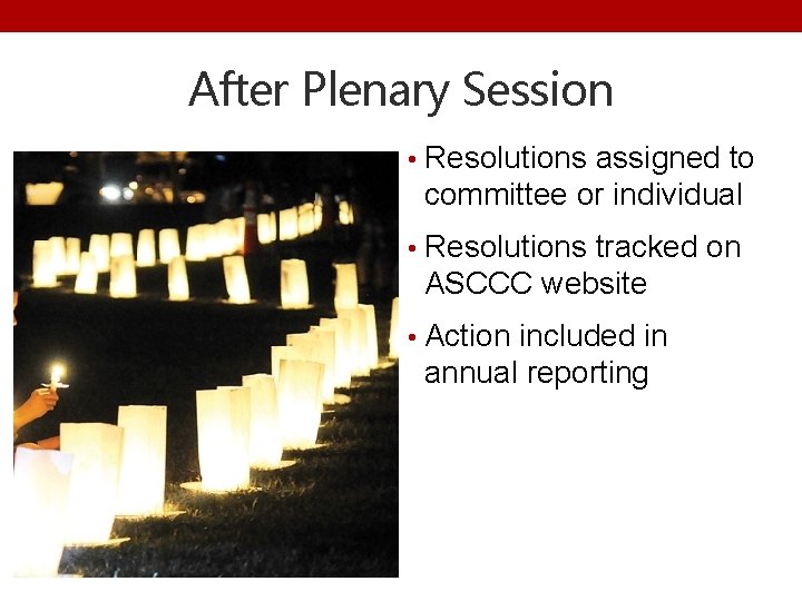 After Plenary Session • Resolutions assigned to committee or individual • Resolutions tracked on