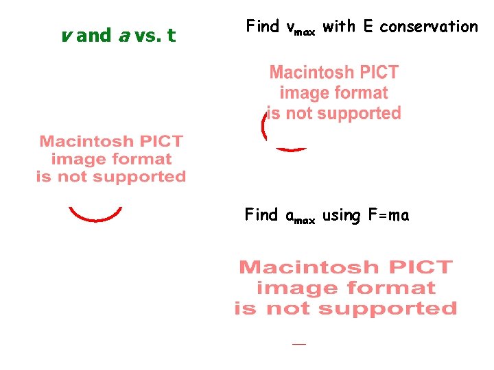 v and a vs. t Find vmax with E conservation Find amax using F=ma