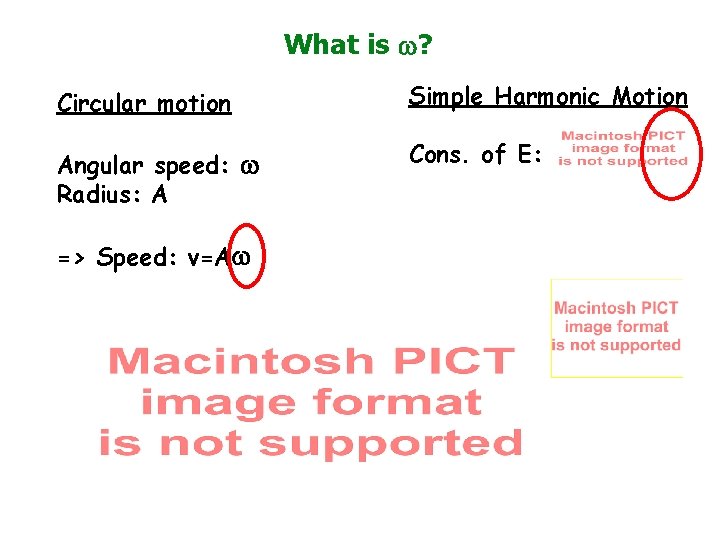 What is ? Circular motion Simple Harmonic Motion Angular speed: Radius: A Cons. of