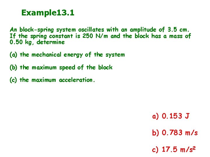 Example 13. 1 An block-spring system oscillates with an amplitude of 3. 5 cm.