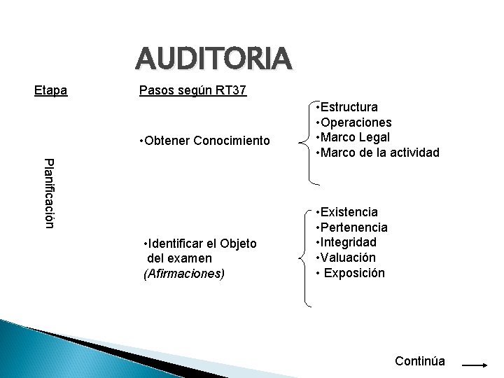 AUDITORIA Etapa Pasos según RT 37 • Obtener Conocimiento Planificación • Identificar el Objeto