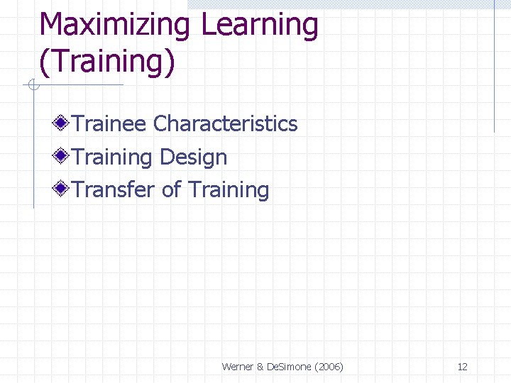 Maximizing Learning (Training) Trainee Characteristics Training Design Transfer of Training Werner & De. Simone Maximizing Learning (Training) Trainee Characteristics Training Design Transfer of Training Werner & De. Simone
