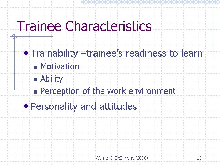 Trainee Characteristics Trainability –trainee’s readiness to learn n Motivation Ability Perception of the work Trainee Characteristics Trainability –trainee’s readiness to learn n Motivation Ability Perception of the work