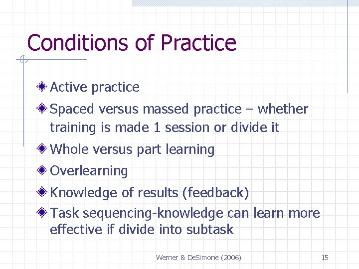 Conditions of Practice Active practice Spaced versus massed practice – whether training is made Conditions of Practice Active practice Spaced versus massed practice – whether training is made