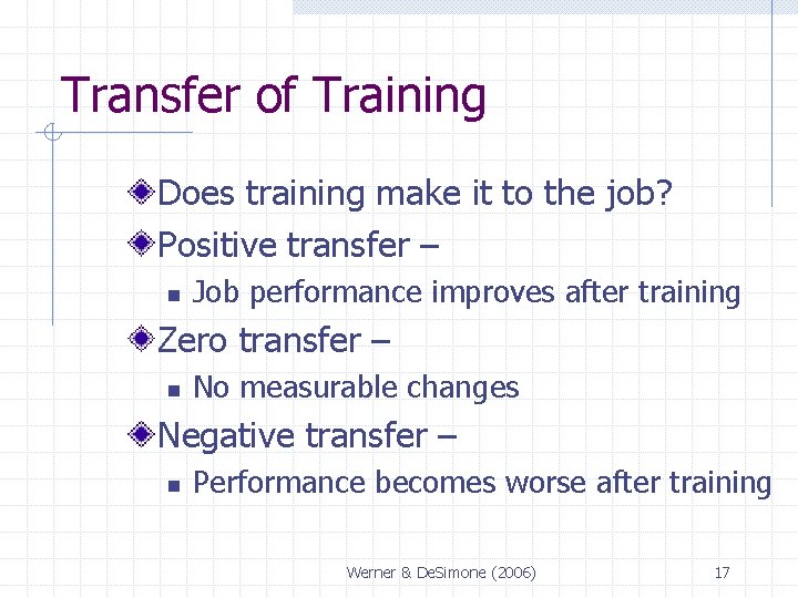 Transfer of Training Does training make it to the job? Positive transfer – n Transfer of Training Does training make it to the job? Positive transfer – n