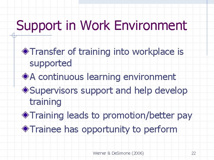 Support in Work Environment Transfer of training into workplace is supported A continuous learning Support in Work Environment Transfer of training into workplace is supported A continuous learning