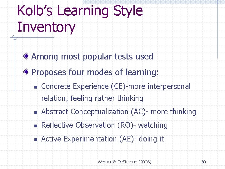 Kolb’s Learning Style Inventory Among most popular tests used Proposes four modes of learning: Kolb’s Learning Style Inventory Among most popular tests used Proposes four modes of learning: