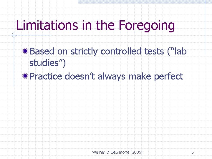 Limitations in the Foregoing Based on strictly controlled tests (“lab studies”) Practice doesn’t always Limitations in the Foregoing Based on strictly controlled tests (“lab studies”) Practice doesn’t always