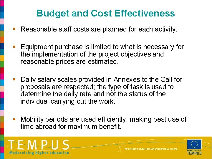 Budget and Cost Effectiveness § Reasonable staff costs are planned for each activity. §