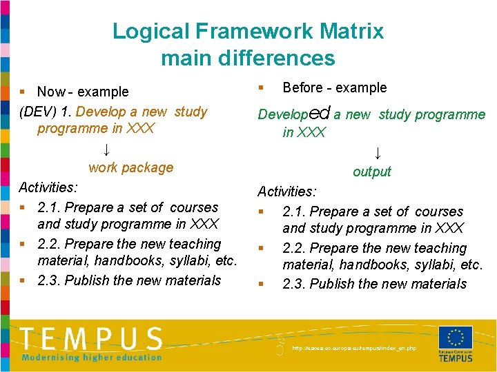 Logical Framework Matrix main differences § Now - example (DEV) 1. Develop a new
