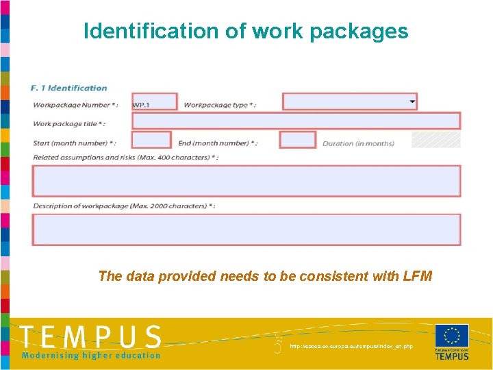 Identification of work packages The data provided needs to be consistent with LFM http: