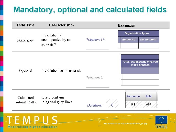 Mandatory, optional and calculated fields Field contains diagonal grey lines http: //eacea. ec. europa.