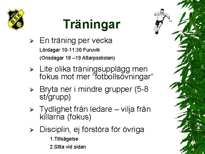 Träningar Ø En träning per vecka Lördagar 10 -11: 30 Furuvik (Onsdagar 18 –