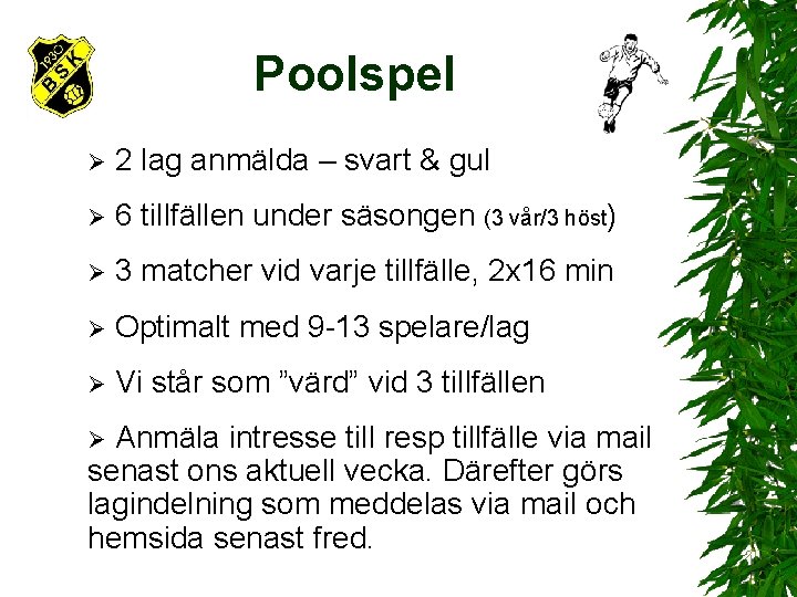 Poolspel Ø 2 lag anmälda – svart & gul Ø 6 tillfällen under säsongen