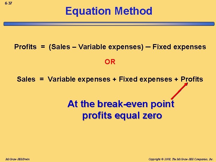 6 -37 Equation Method Profits = (Sales – Variable expenses) – Fixed expenses OR